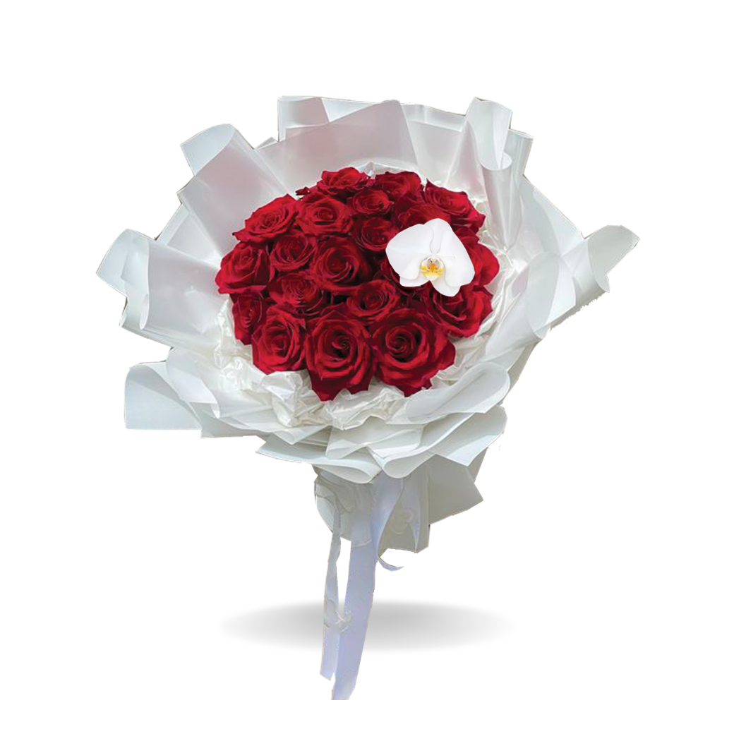 Rouge Royale – 20 Red Roses with White Phalaenopsis Orchid Bouquet