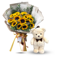 "Sun Shining" Bouquet Of Sunflowers and Teddy Bear with Bow Tie