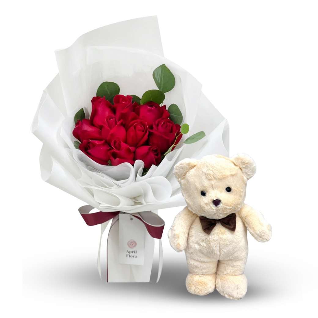 "Classic Red" Roses Bouquet with Teddy Bear with Bow Tie