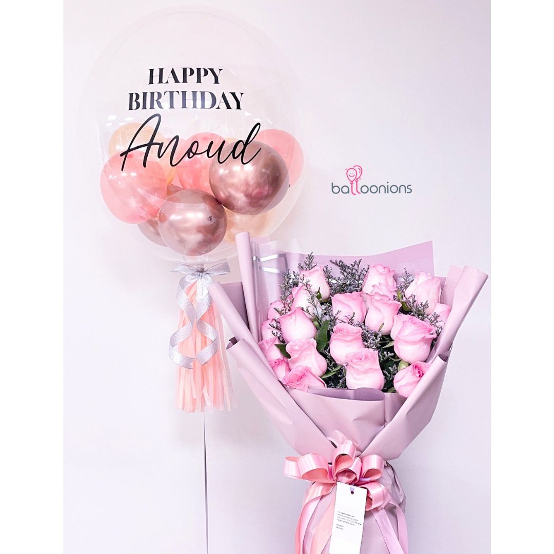 Bouquet Of 20 Pink Roses With Transparent Balloon