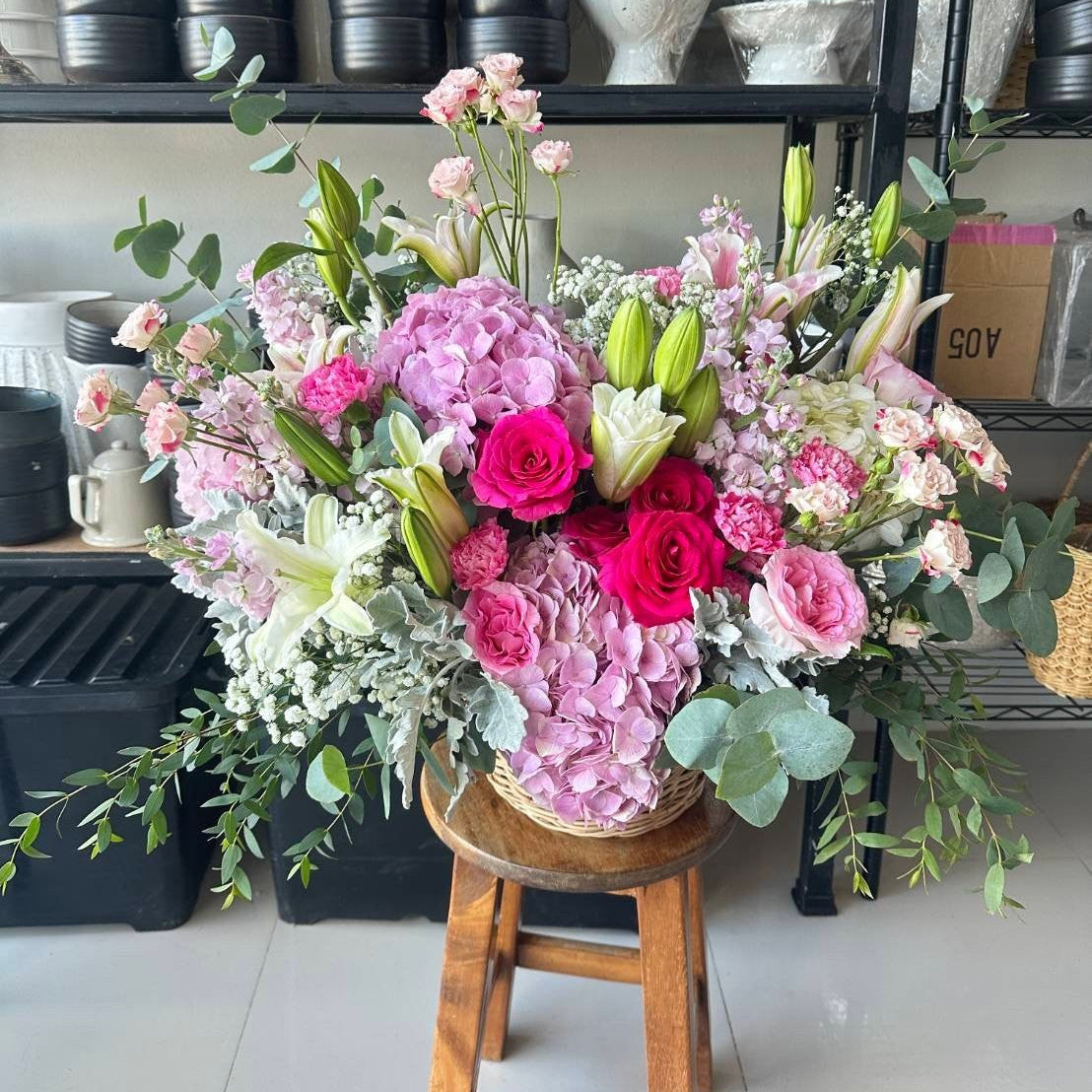 Blushing Garden – Mixed Flower Basket
